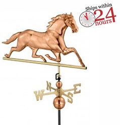 polished copper horse weathervane with small ships within 24 hours logo