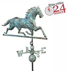 blue verde copper horse weathervane with small ships within 24 hours logo