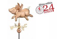 polished copper flying pig weathervane with ships within 24 hours logo