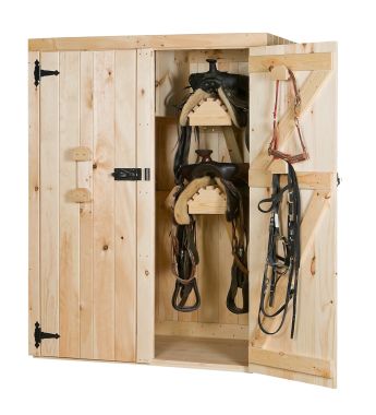 double door cabinet with saddle racks & shelves (open to show interior)