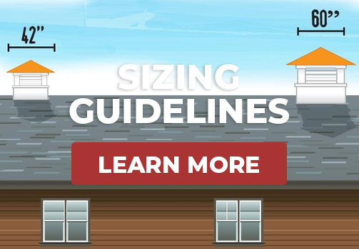 sizing guidelines overlaid a illustration of two different sized cupolas on a barn