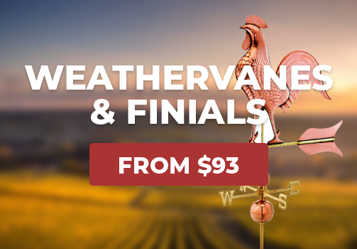 Weathervanes & Finials from $89 overlaid a rooster weathervane with a faded farm field behind it